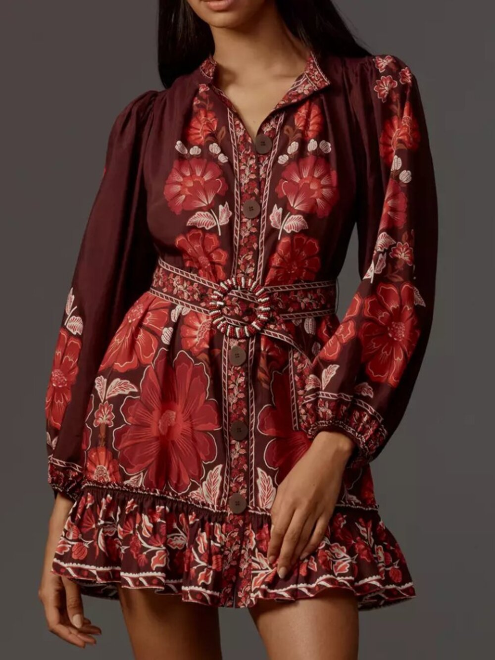 NWT FARM Rio Brown Floral Button Front Mini Dress M